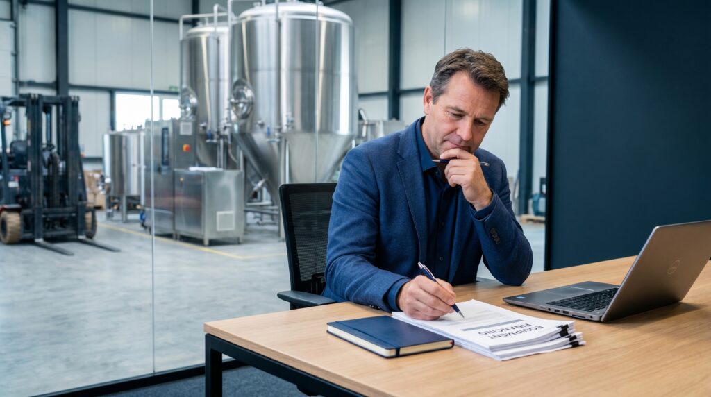 Business owner reviewing equipment financing documents at a modern industrial workspace desk