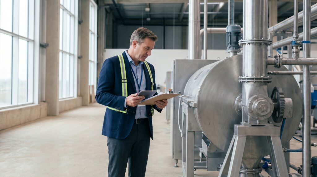 Business owner reviewing equipment financing documents beside commercial machinery in an industrial facility