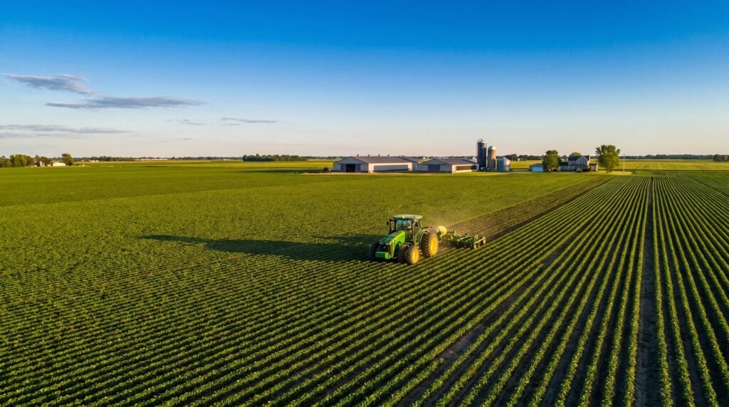 Aerial view of a working farm with a tractor financing large-scale crop rows at golden hour