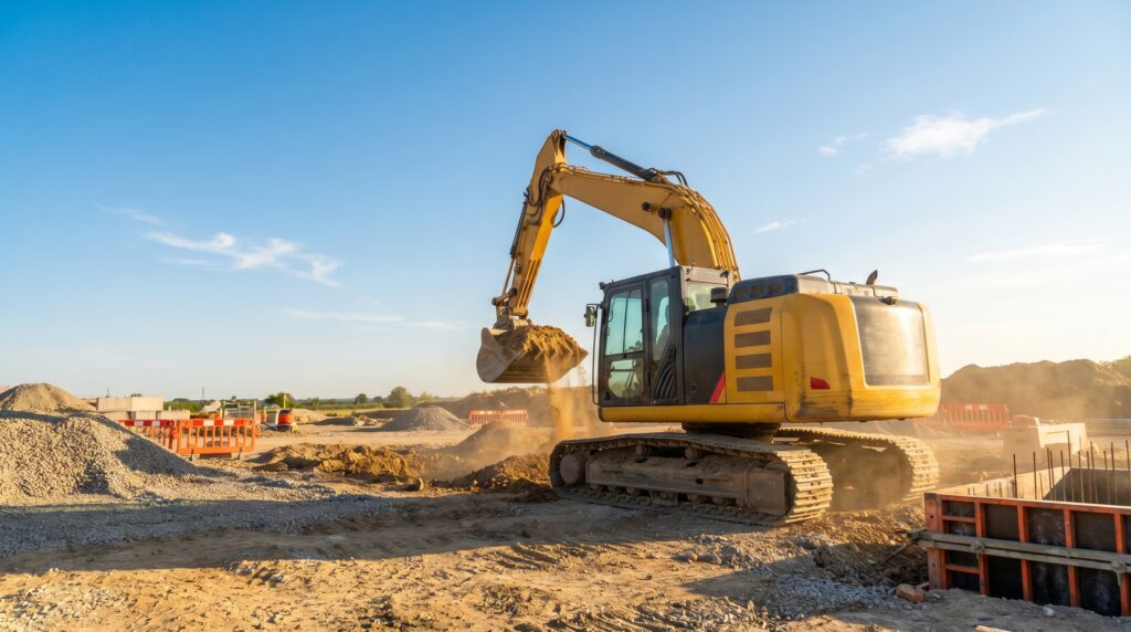 Heavy equipment financing in action — excavator operating on a commercial construction site