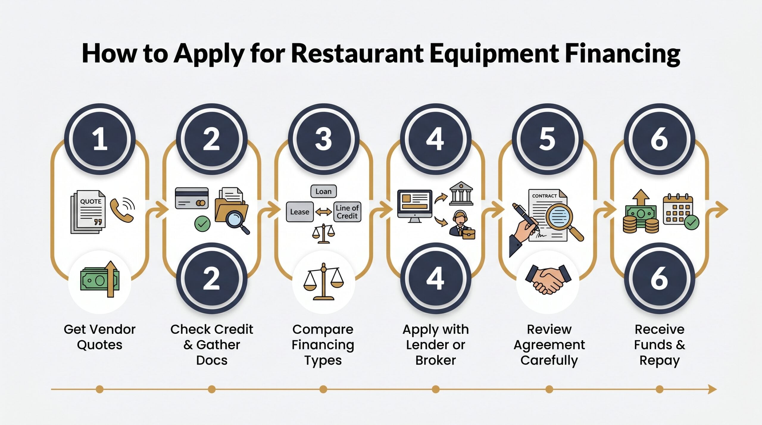 Six-step process diagram for applying for restaurant equipment financing from getting vendor quotes to receiving funds