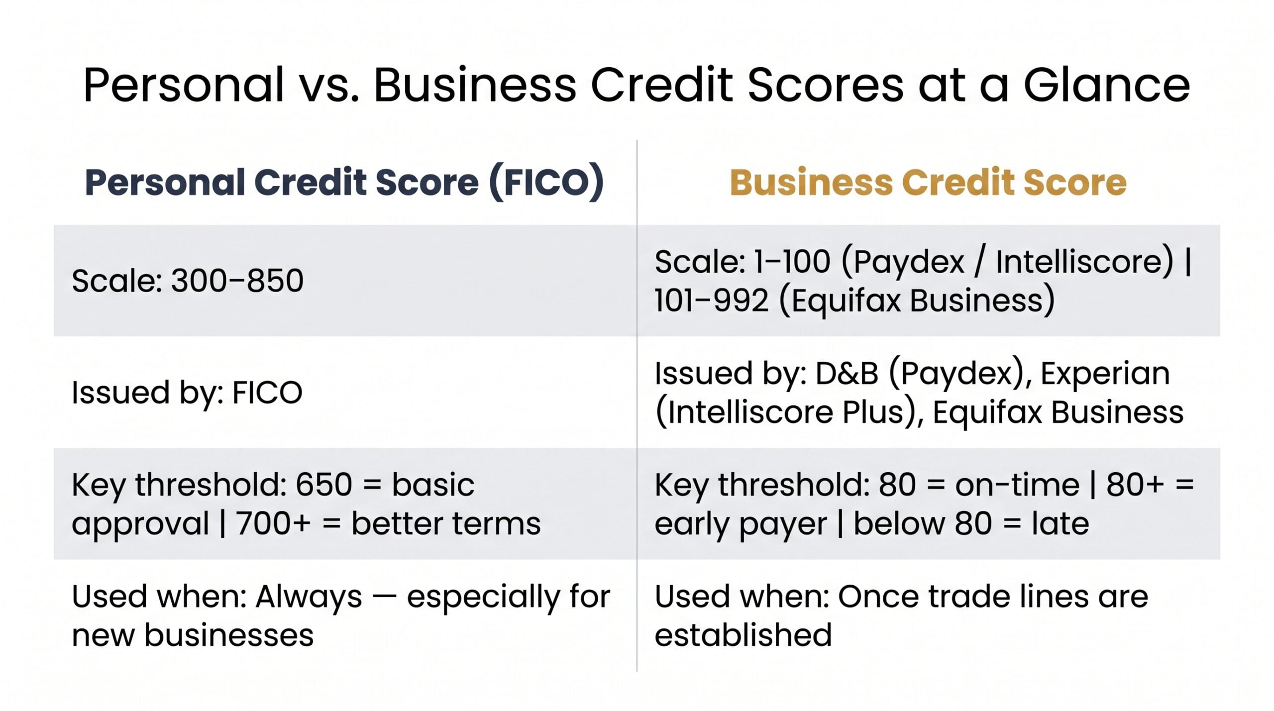 Side-by-side comparison of personal FICO and business credit score scales, thresholds, and when each is used by lenders